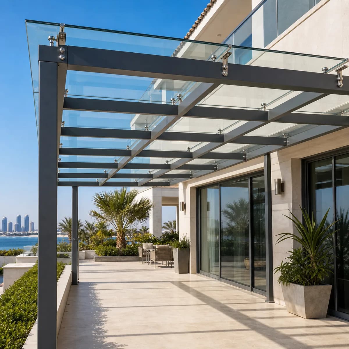 Aluminium pergola canopy with glass panels