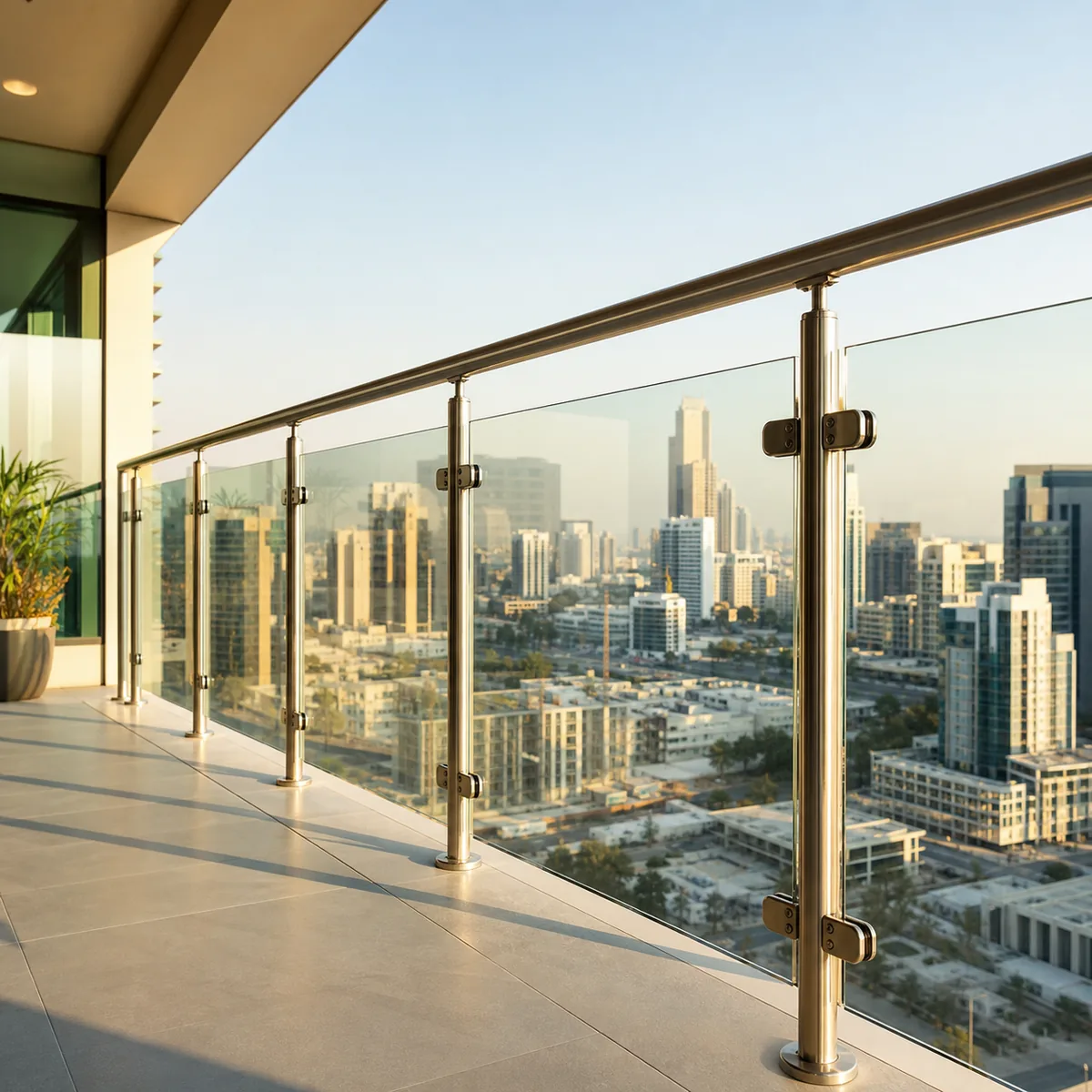 Balcony glass railing with stainless steel posts