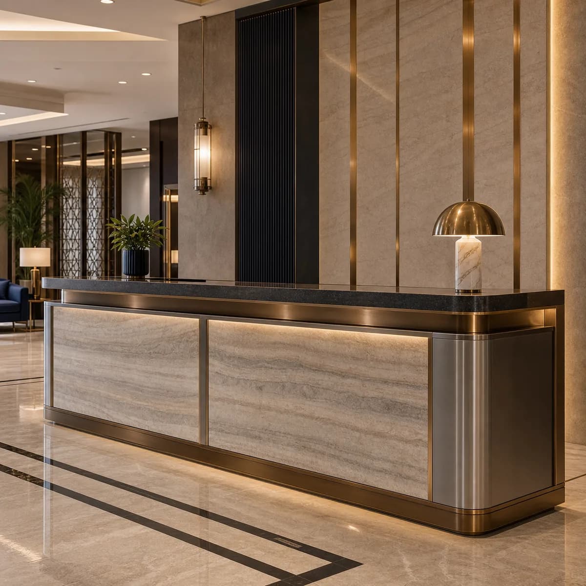 Bronze PVD and stainless steel reception counter