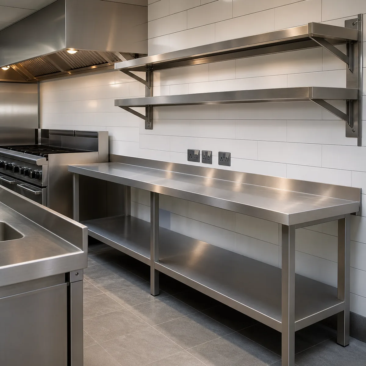 Commercial stainless steel kitchen work table and shelving