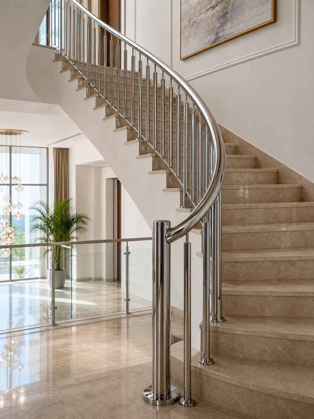 Curved stainless steel staircase handrail