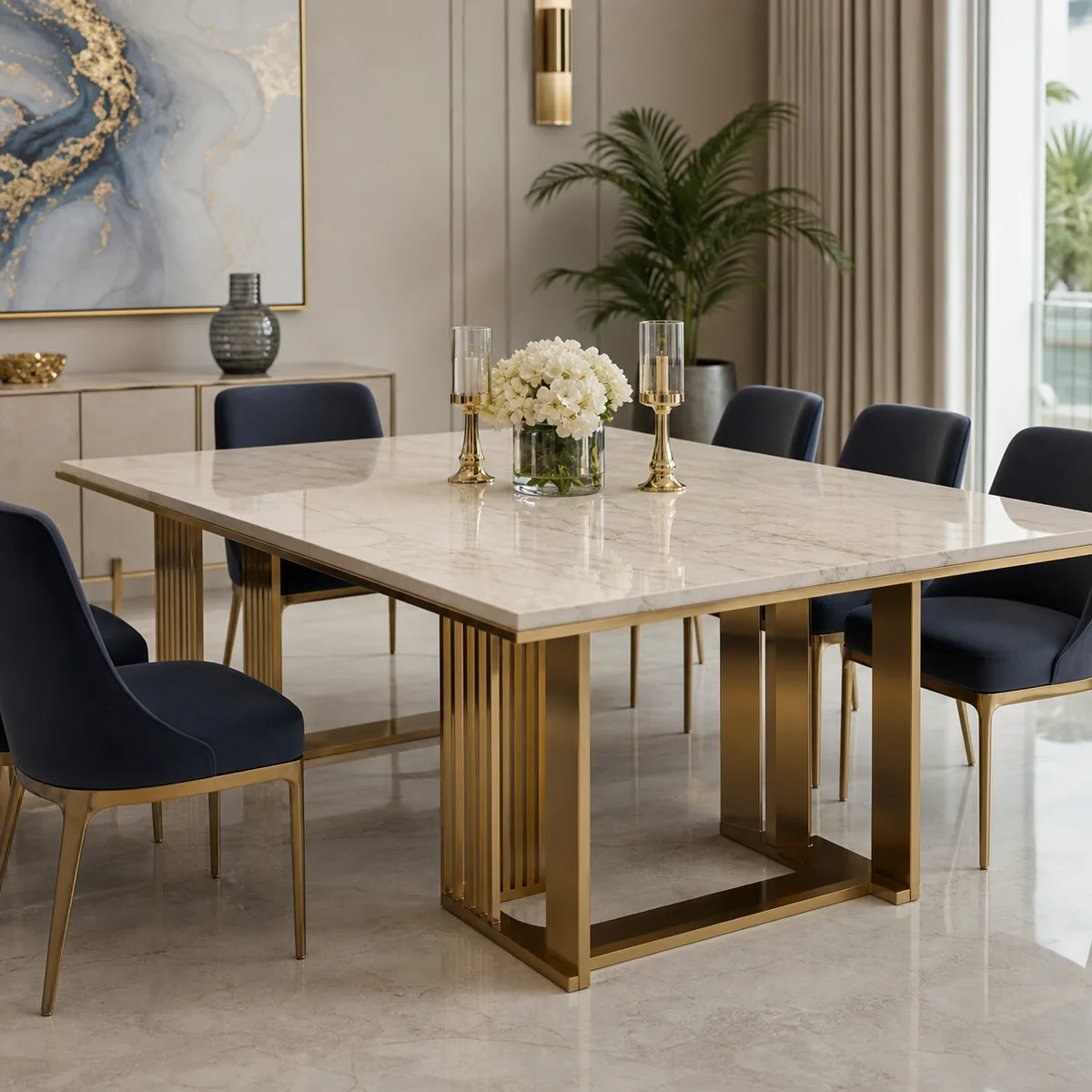 Gold PVD metal dining table with marble top