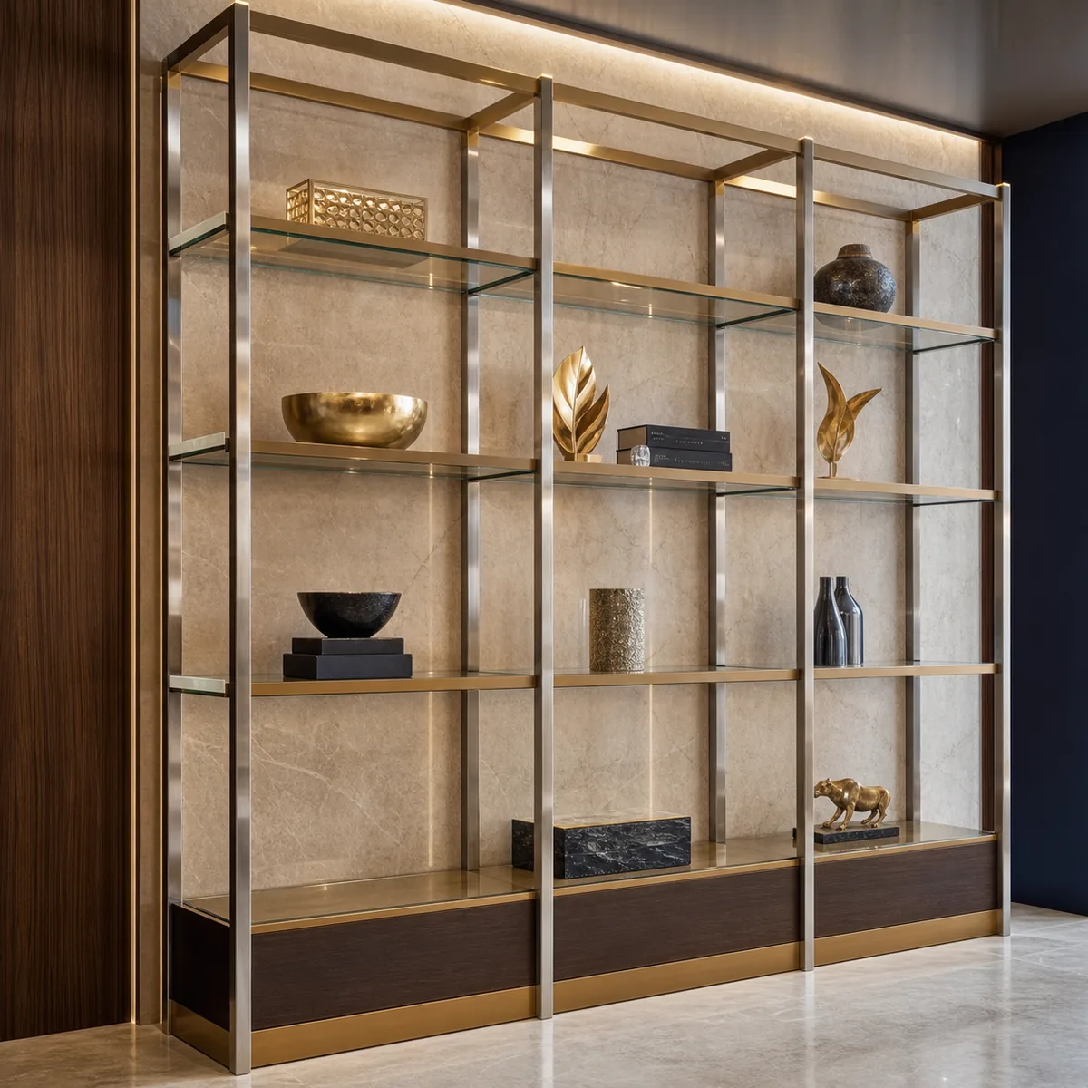 Custom stainless steel and glass display shelving