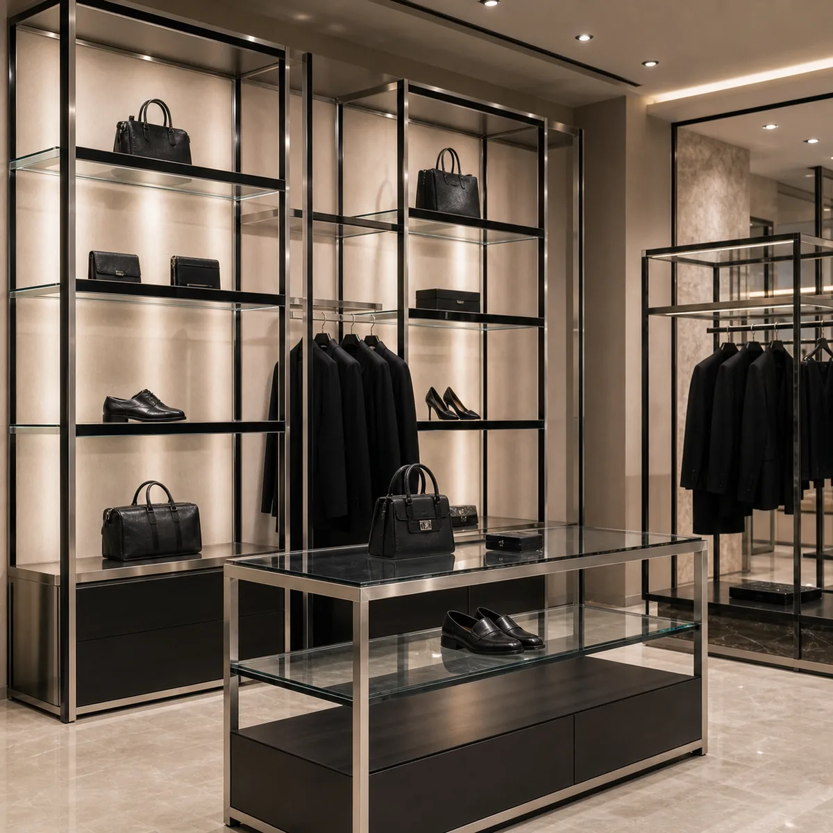 Retail display shelving with stainless steel and glass