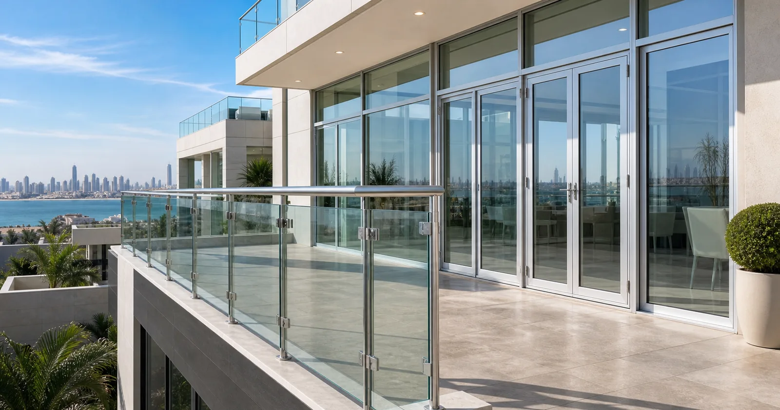 Aluminium frames and glass balustrade on a modern UAE terrace