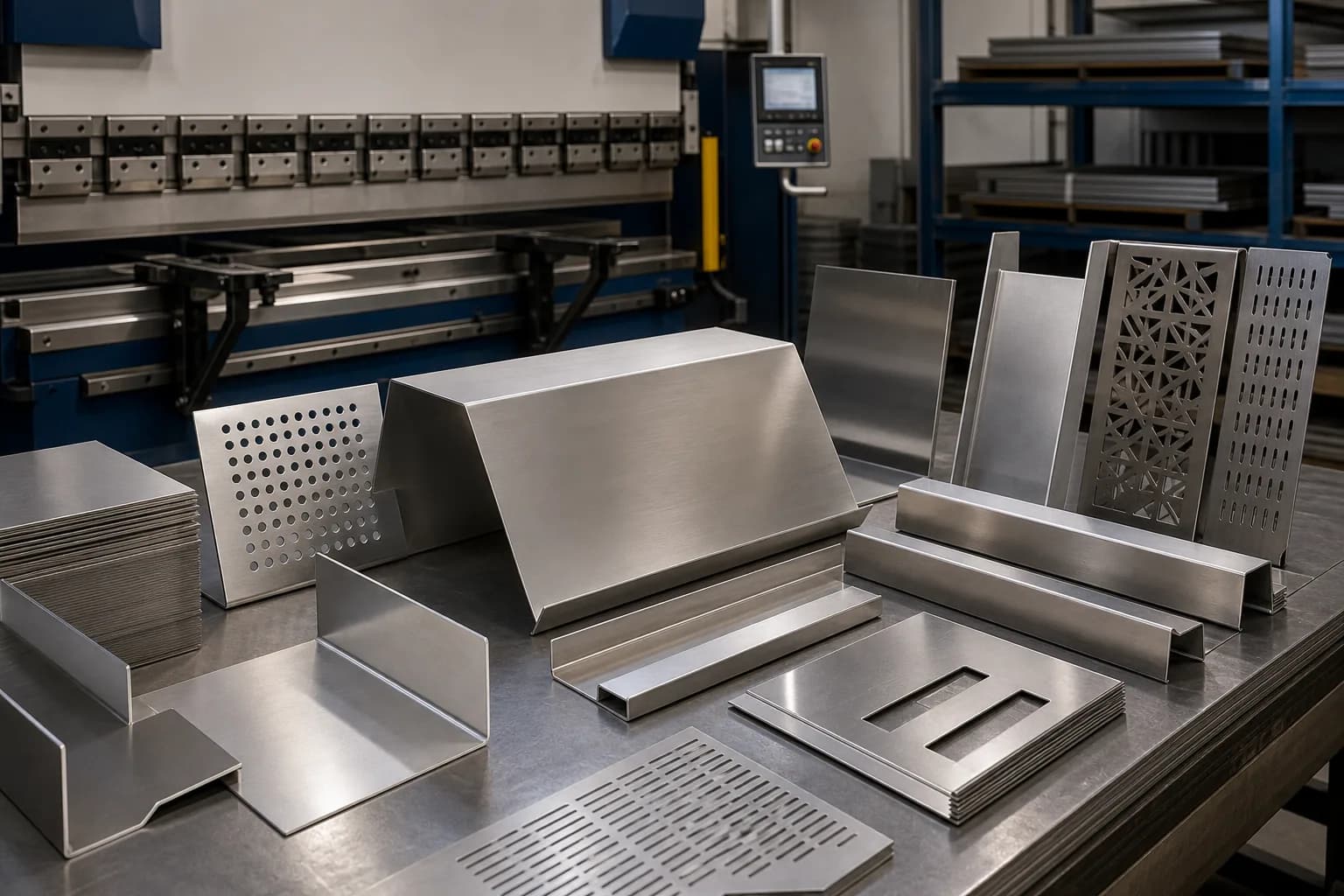 Formed stainless steel sheet metal panels in a fabrication workshop