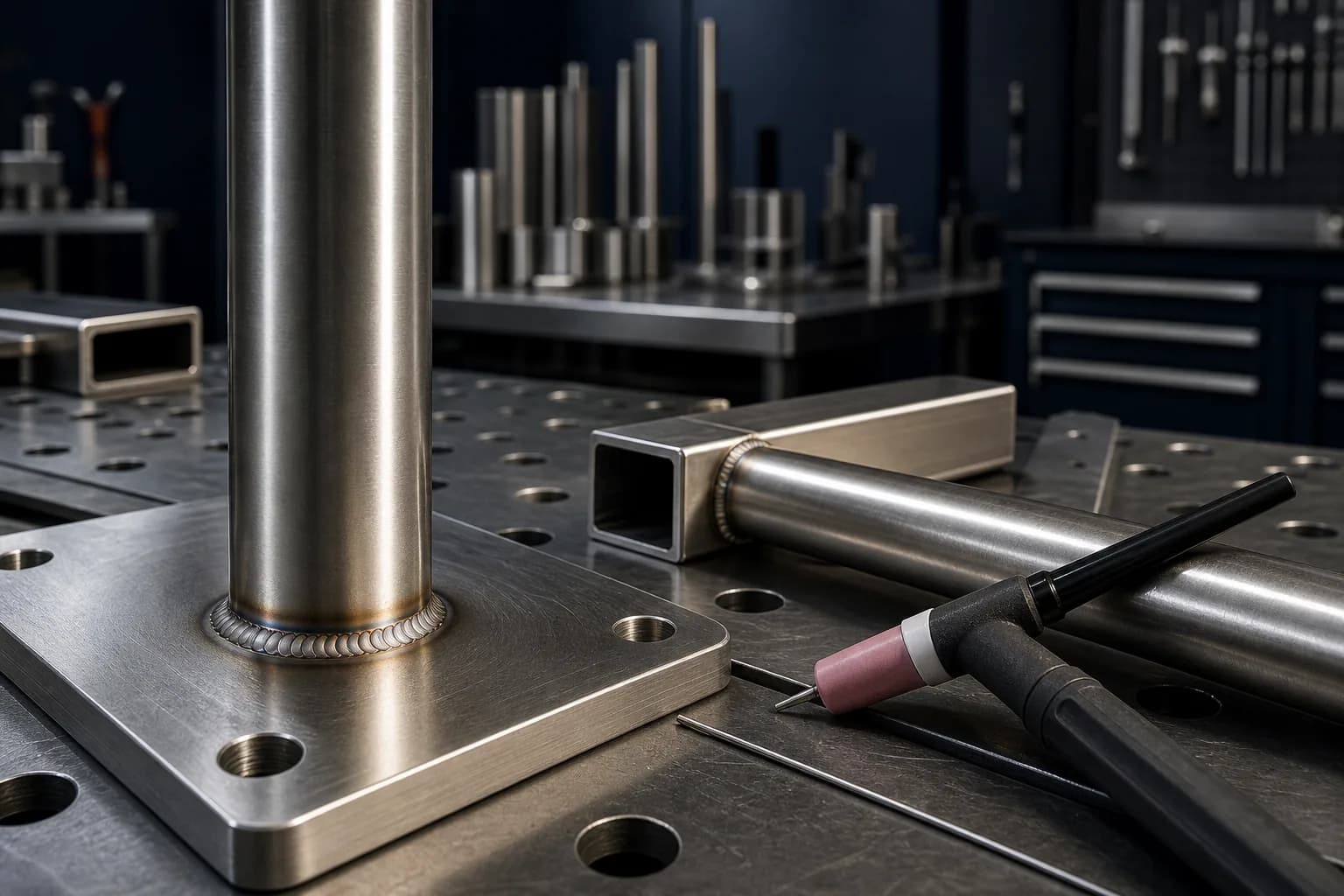 Precision TIG welded stainless steel tube joint on a fixture table